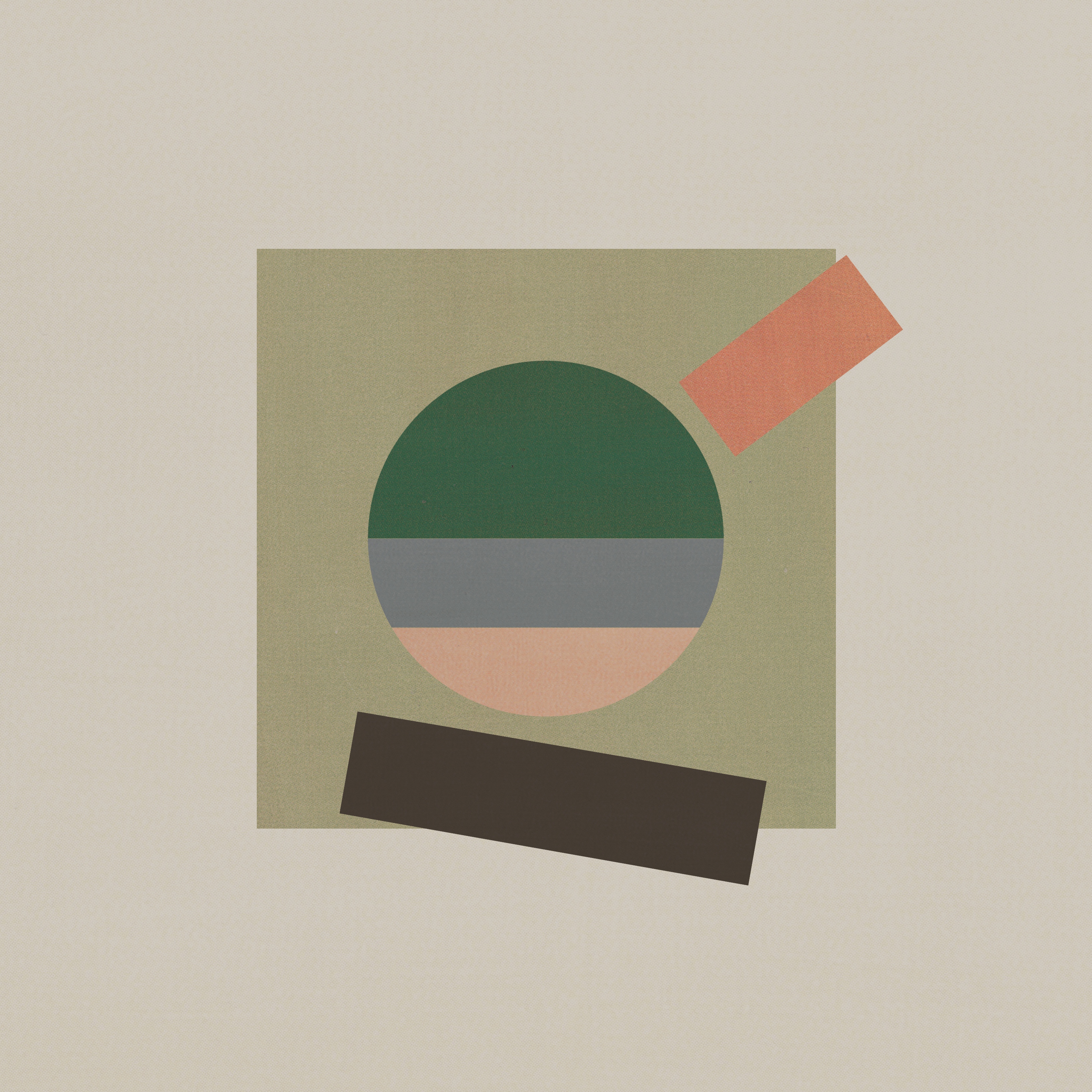 Geometric collage with a green square, circle divided into three bands of color, and two rectangles in green and pink.