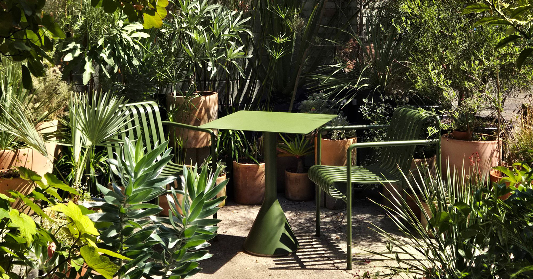 A sunny garden at the Umé Studio office, with a green metal table with two matching chairs surrounded by lush potted plants in terracotta planters.