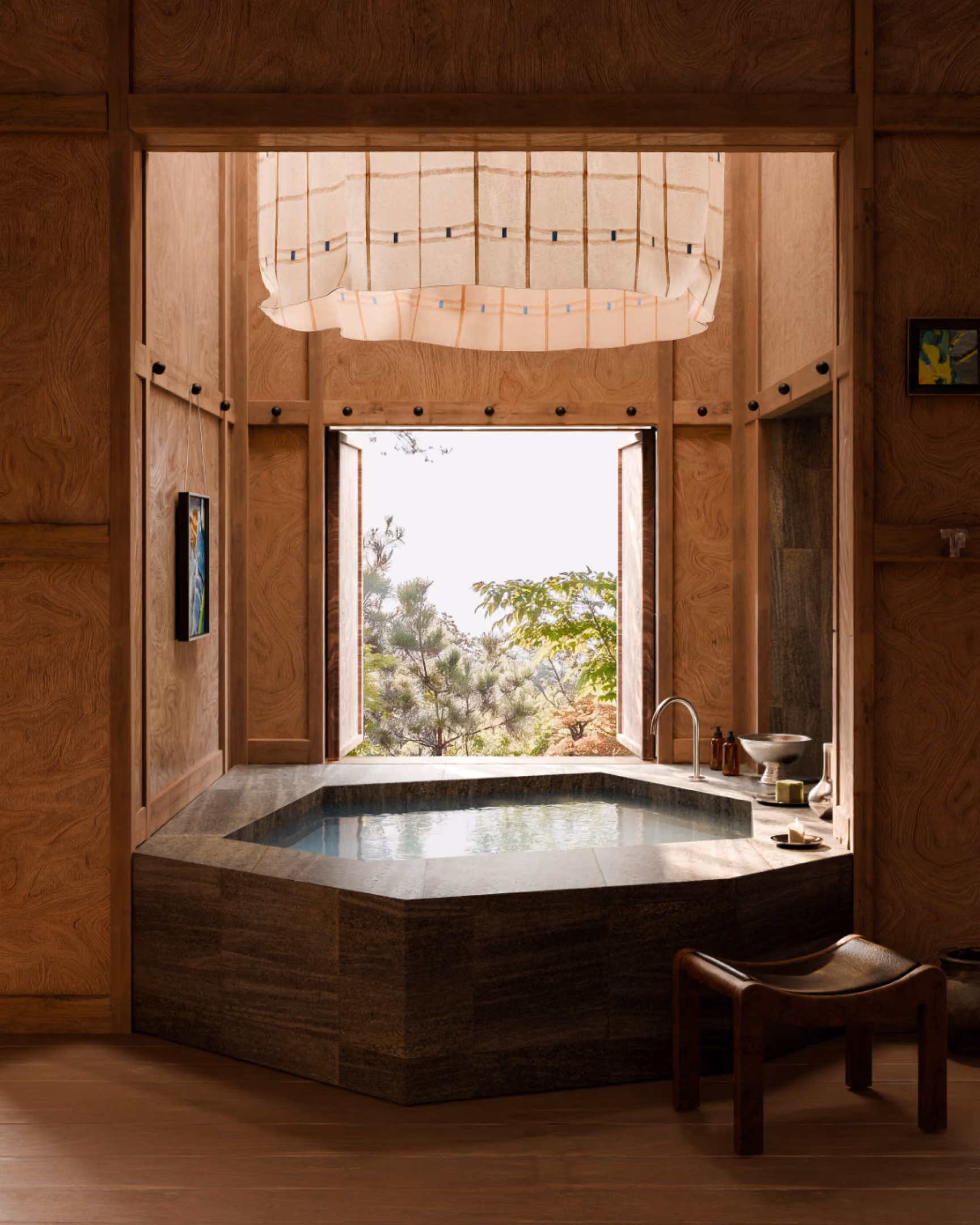 Octagonal stone bathtub in a wooden room with open window showing trees outside.