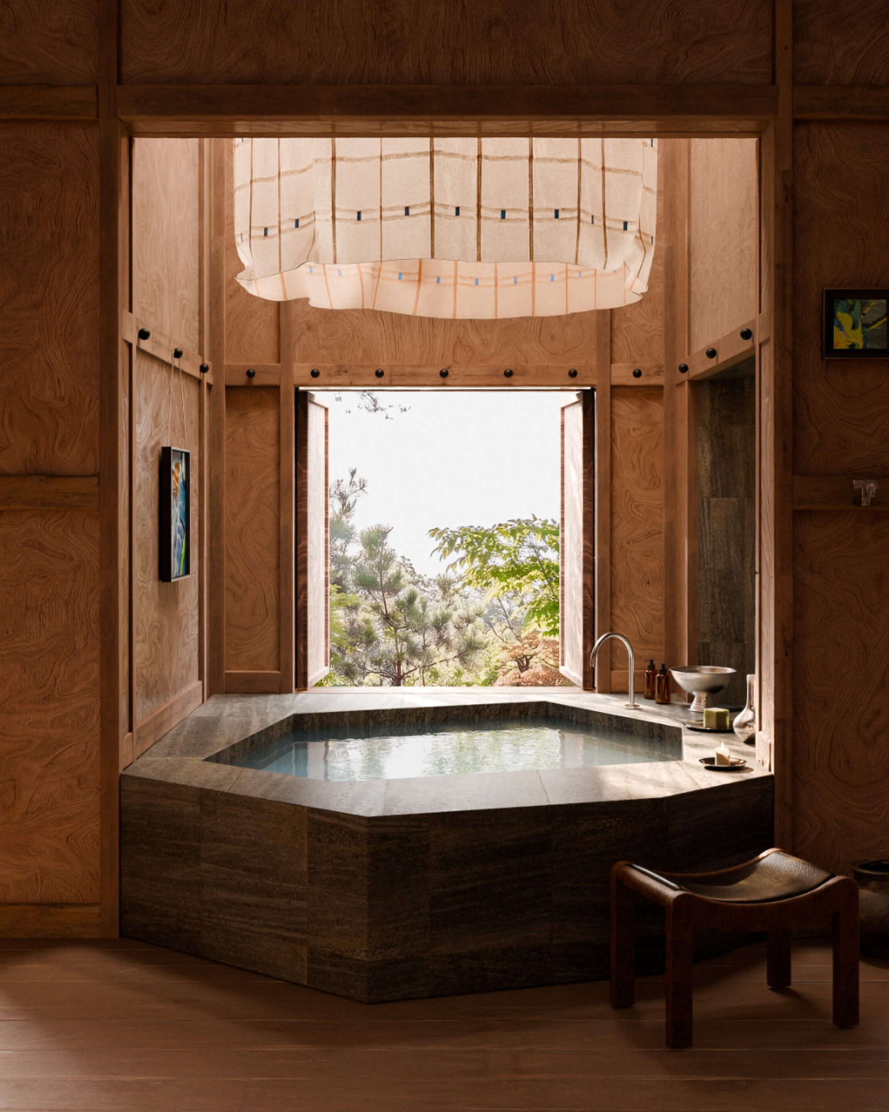 Octagonal stone bathtub in a wooden room with open window showing trees outside.