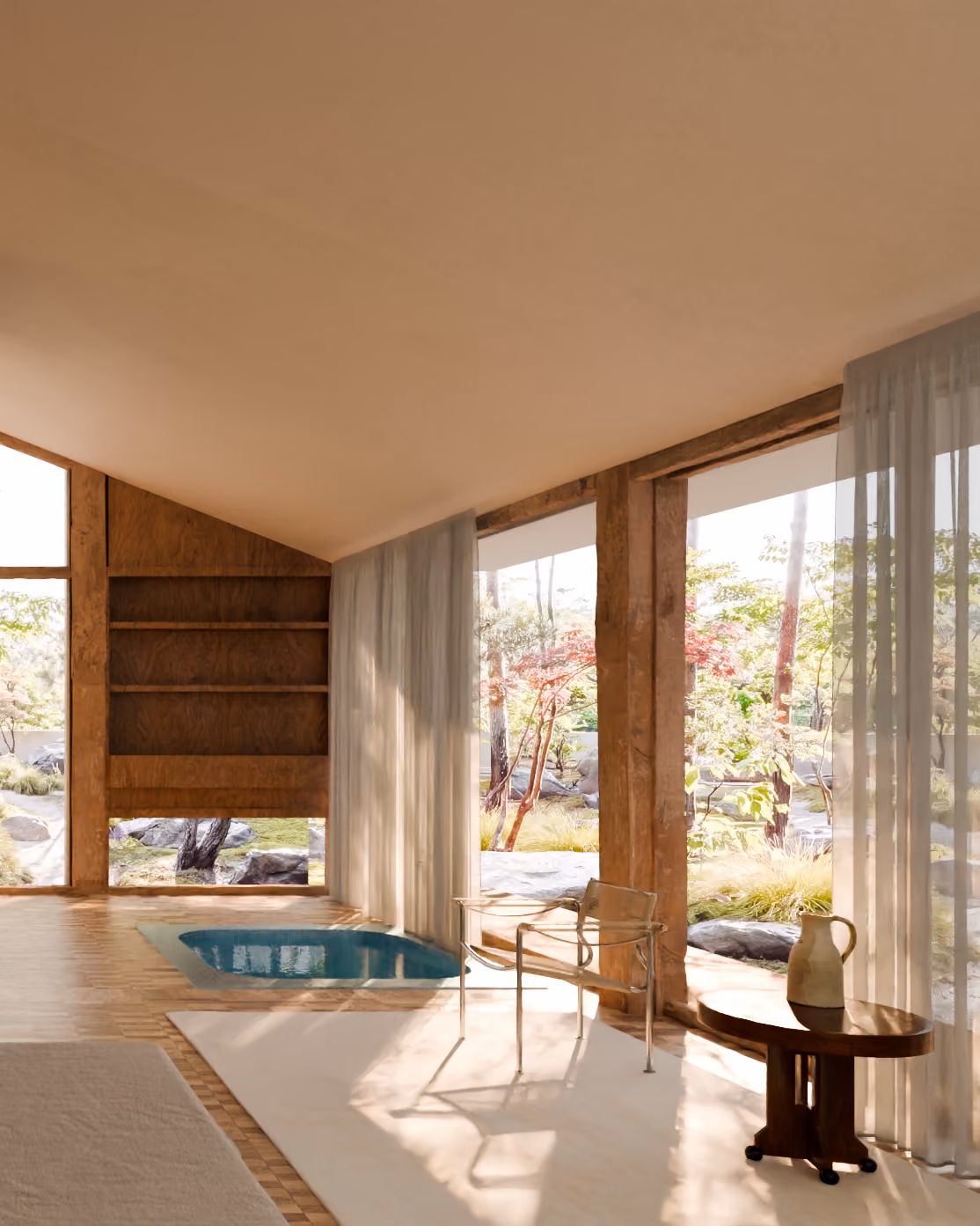 Bright room with large windows, small indoor pool, a chair, and a round table with a ceramic vase.