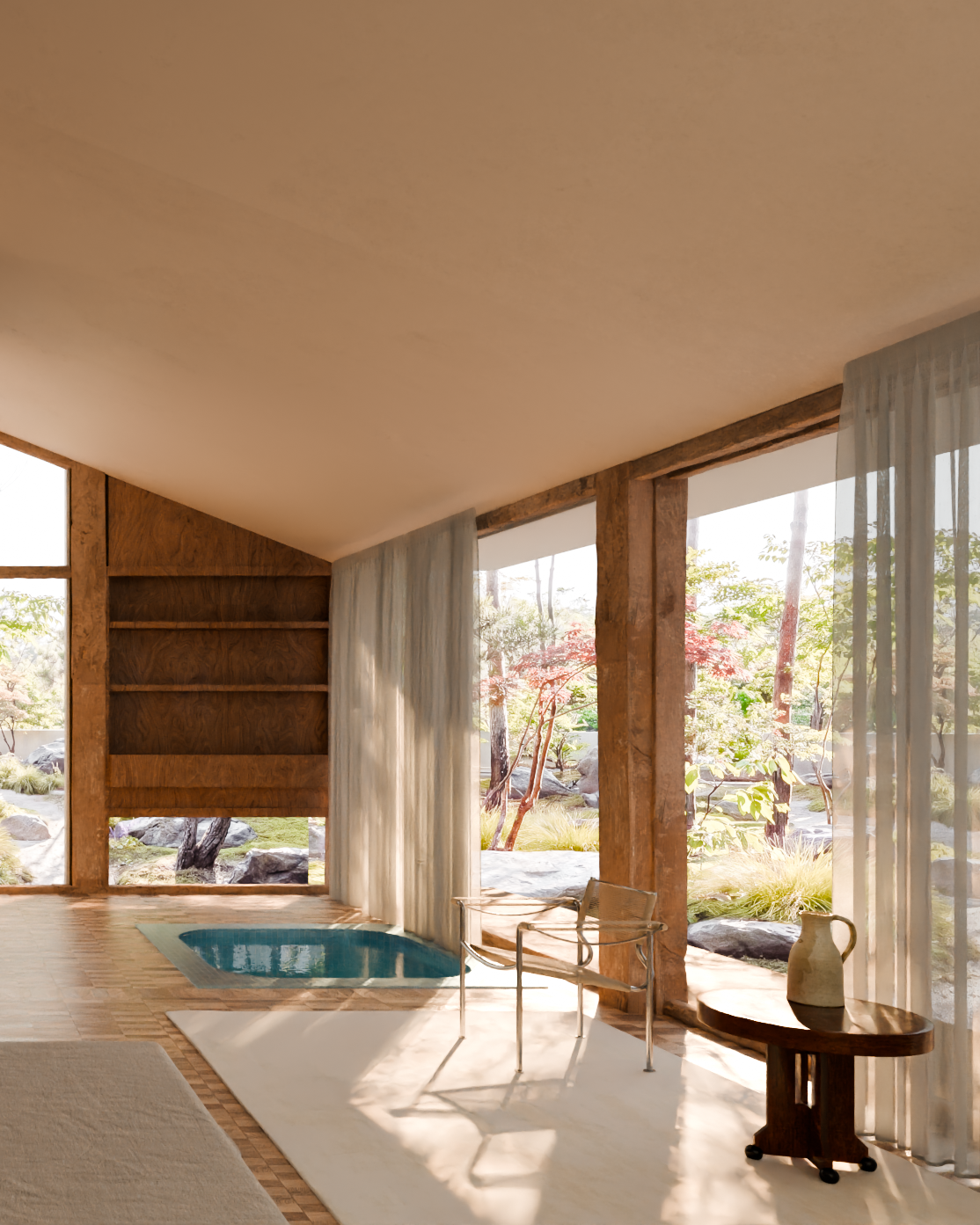 Bright room with large windows, small indoor pool, a chair, and a round table with a ceramic vase.
