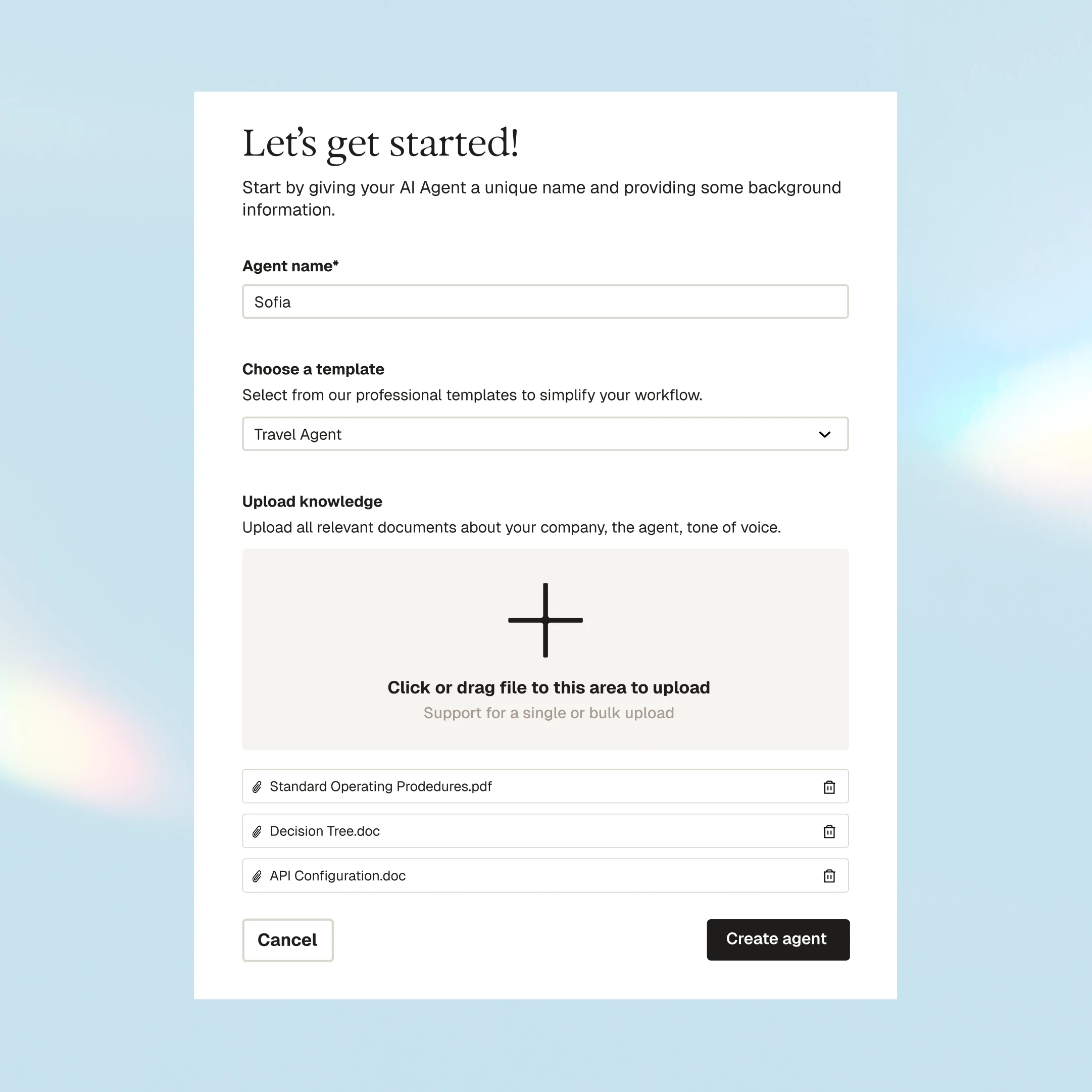 Parloa agent creation screen with a template and uploaded company documents