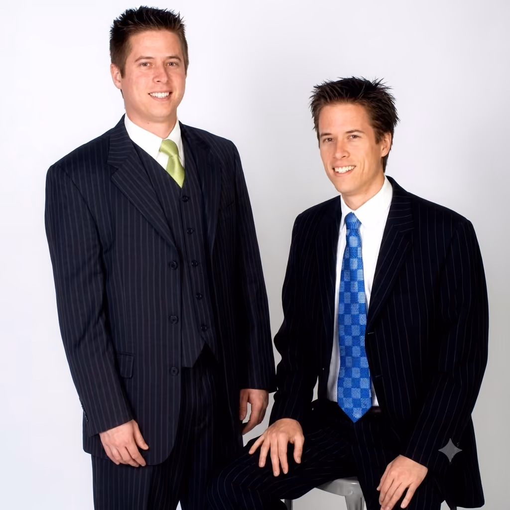 Mitch Painter and Matt Painter in 1998 suit portraits marking the founding of Prestige