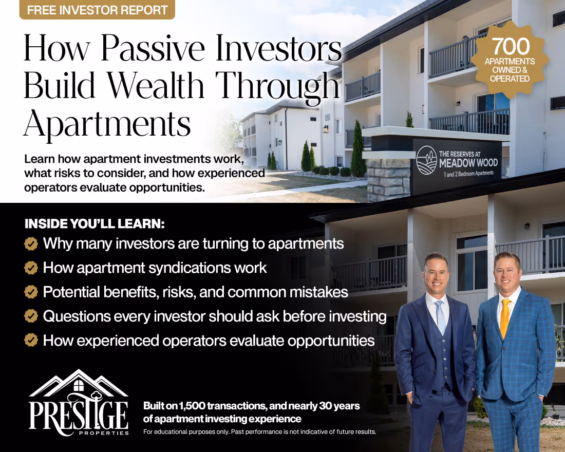 Free Investor Report cover graphic titled How Passive Investors Build Wealth Through Apartments featuring Mitch Painter and Matt Painter