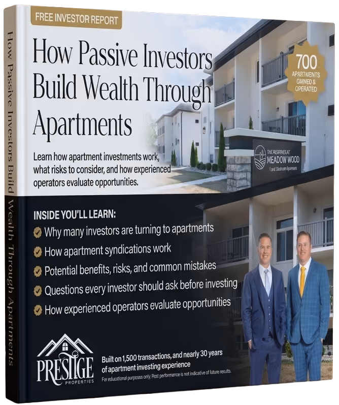 3D book cover mockup for How Passive Investors Build Wealth Through Apartments featuring Mitch Painter and Matt Painter