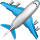 Blue airplane taking off or landing against a white background.
