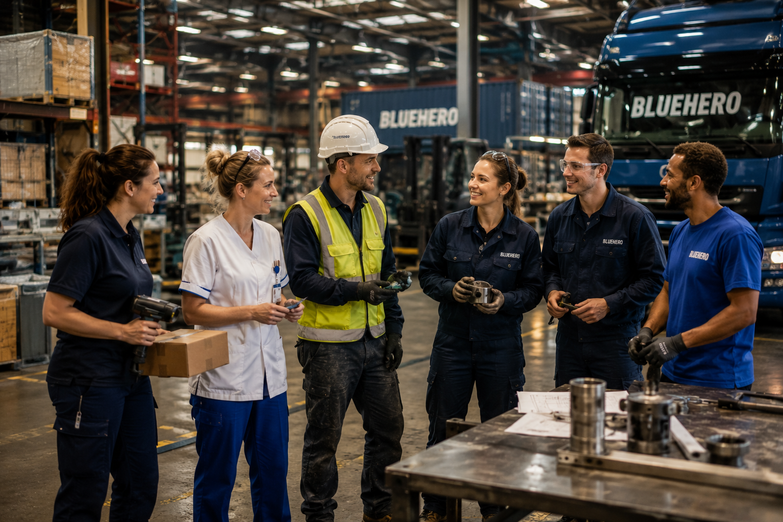 Warehouse logistics workers handling boxes