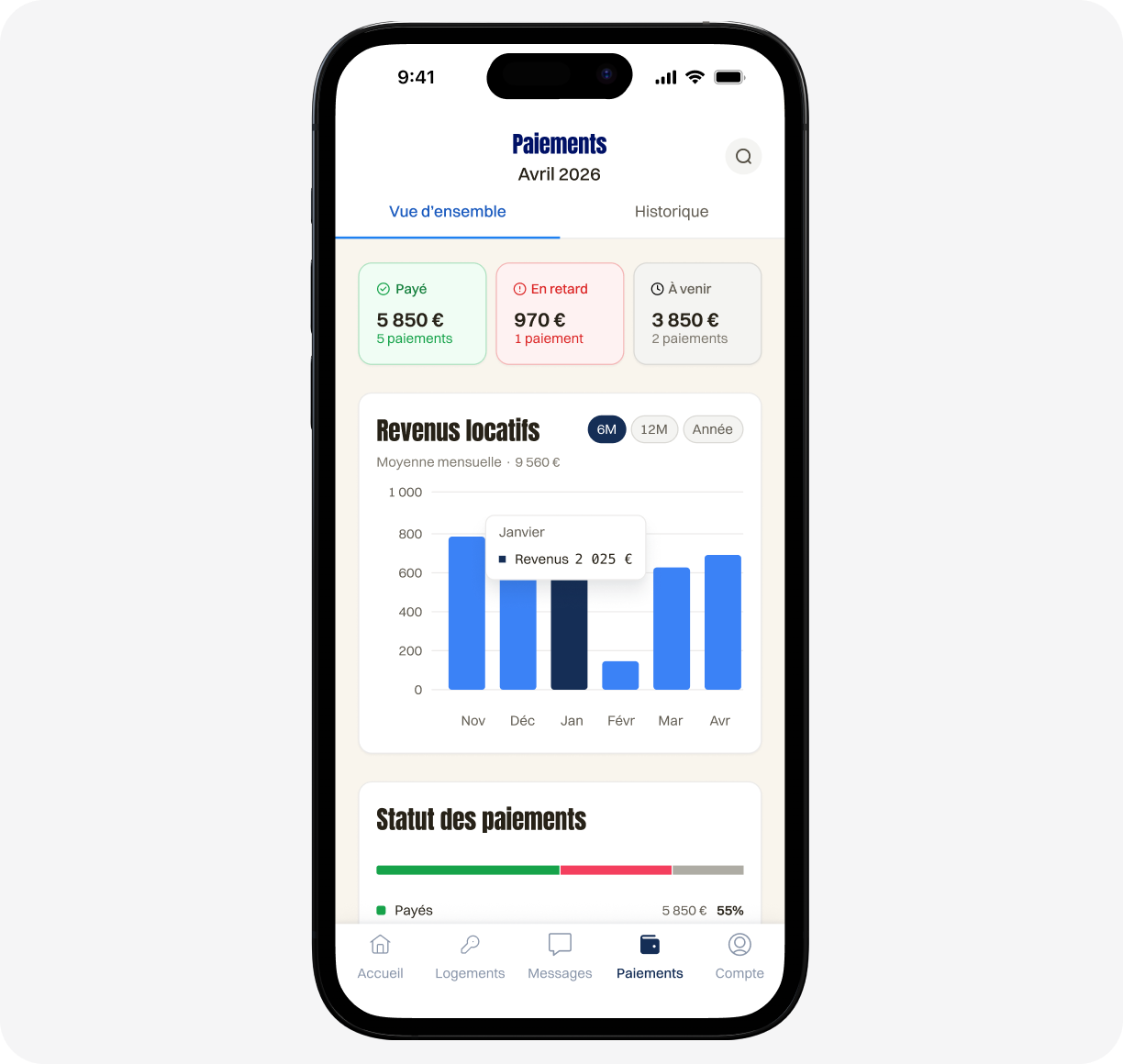 Application mobile affichant les paiements d'avril 2026 avec statistiques de revenus locatifs et statut des paiements.