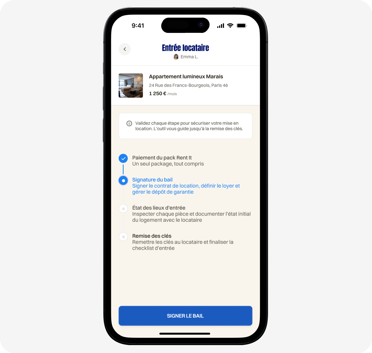 Application showing documents for Appartement lumineux Marais with file names and download or view icons.