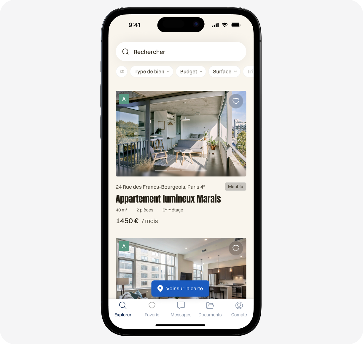 Écran mobile montrant les documents PDF disponibles pour un appartement à Paris, incluant bail et quittance.