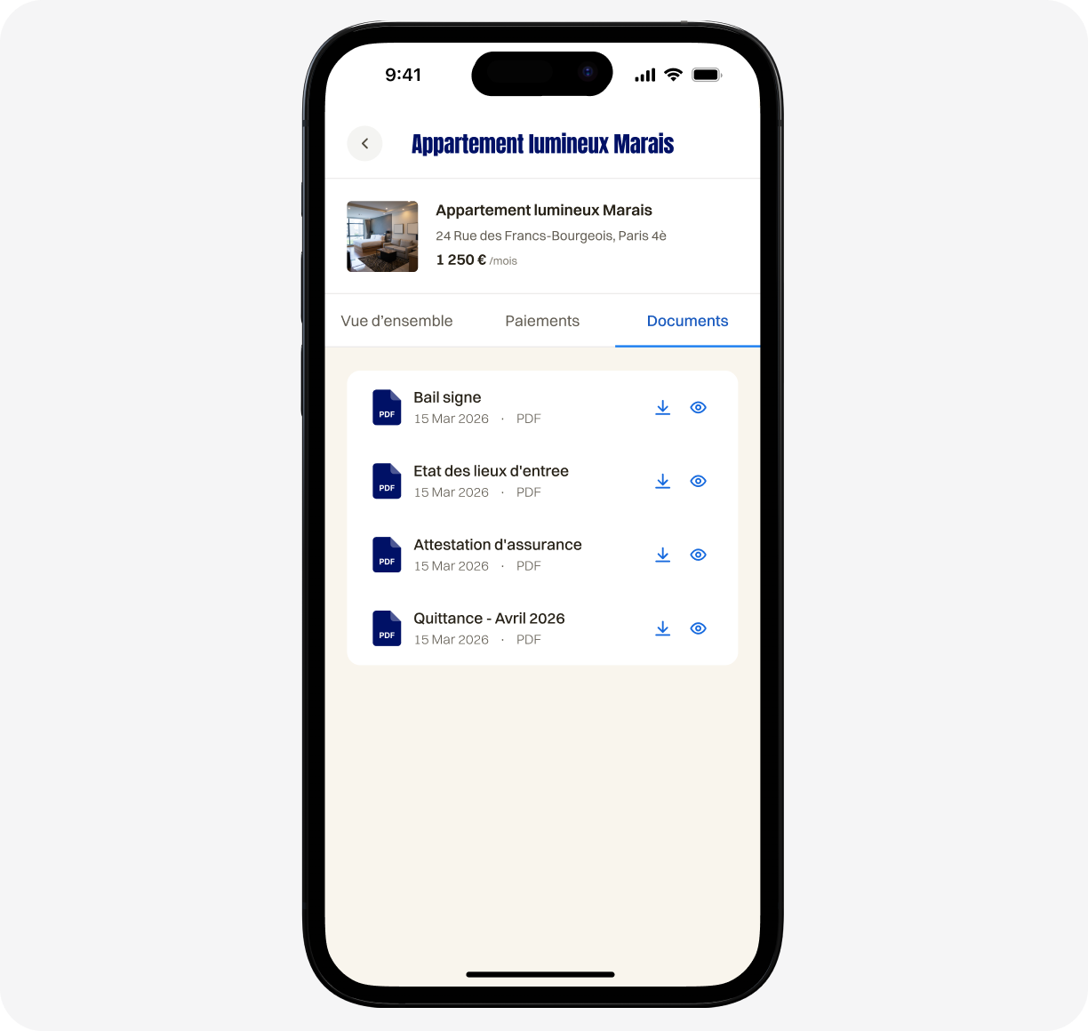 Écran d'application mobile affichant des documents PDF pour un appartement lumineux Marais.