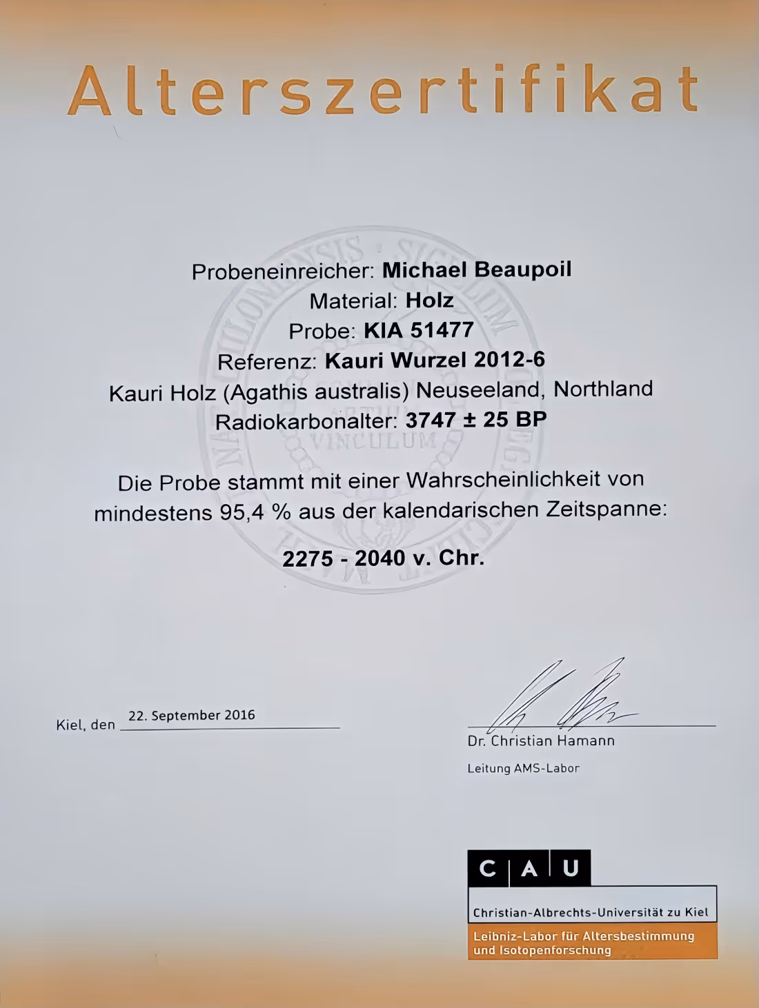 Alterszertifikat & Provenienz vom 3700 Jahre altem Kauri Holz eines exklusiven Collectible Design Esstisches mit dokumentierter Herkunft