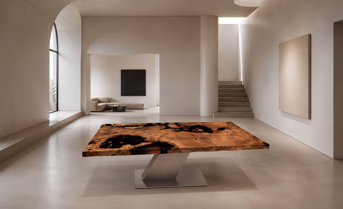 Großes museales Kunstwerk Wurzelholztisch mit seltenem Bernstein aus Massivholz als Unikat Esstisch und außergewöhnliches Collectible Design Möbel