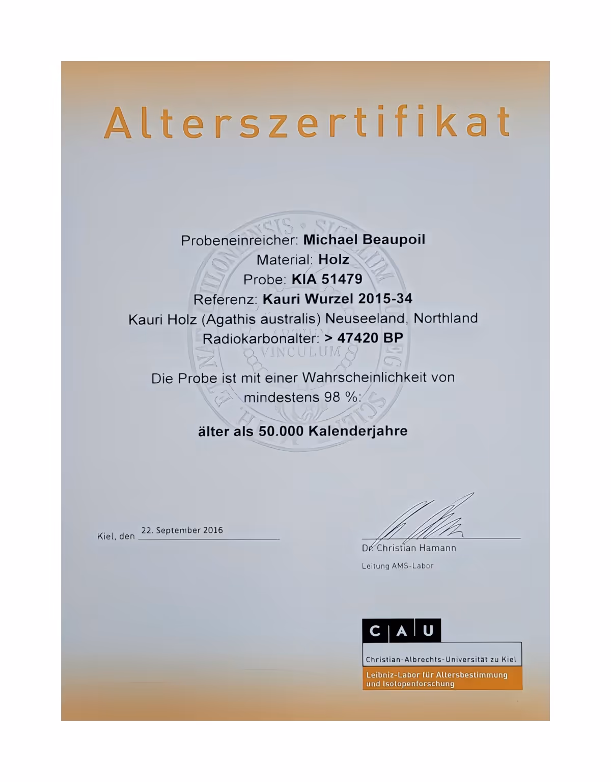 Alterszertifikat vom 47000 Jahre altem Ancient Kauri Holz vom Collectible Design Möbels als skulpturaler Tisch