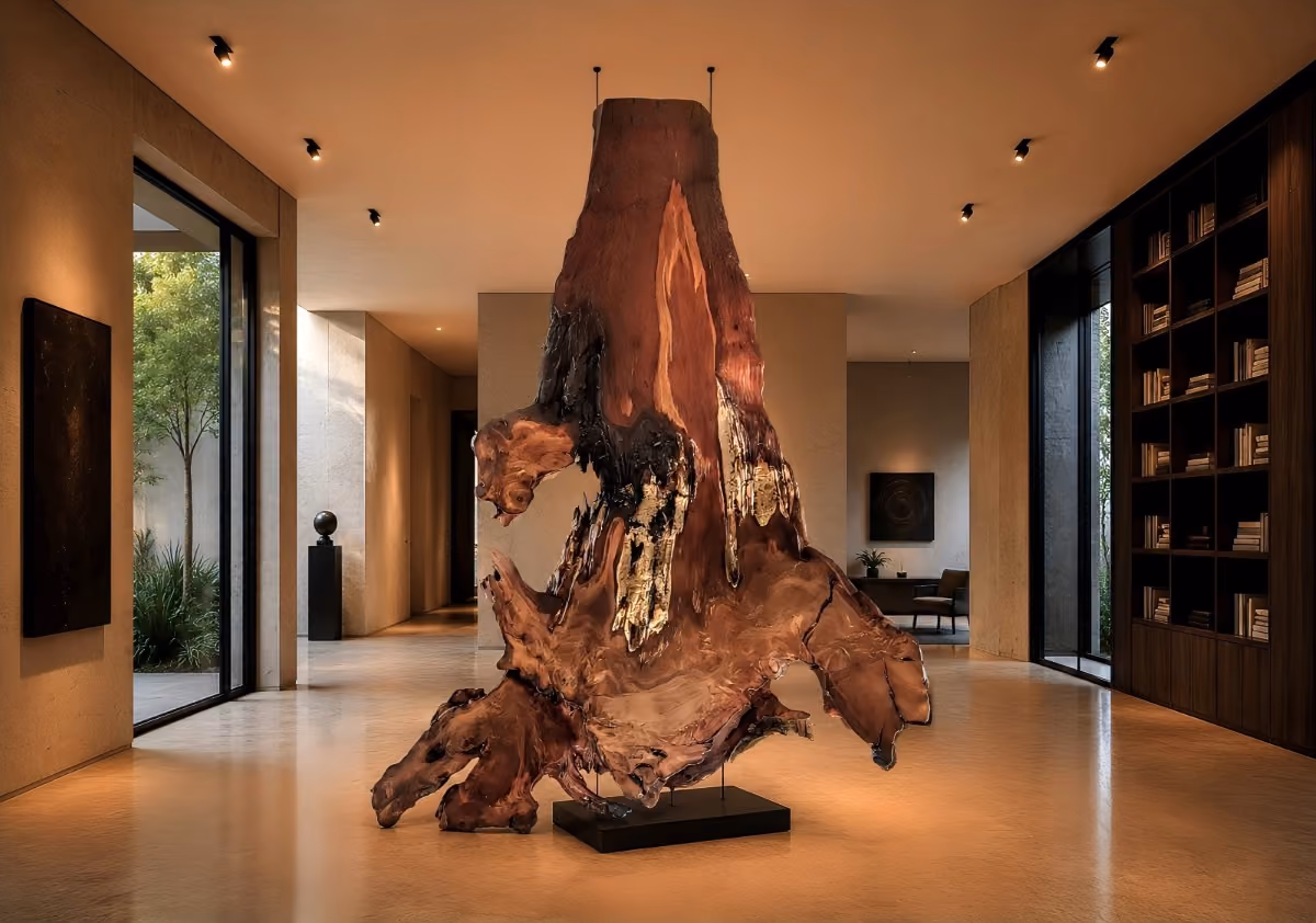 Große Unikat Raumskulptur und Kunstobjekt aus massivem Wurzelholz als funktionaler Kunst, Collectible Design und skulpturalem Designobjekt mit eigenständiger räumlicher Präsenz
