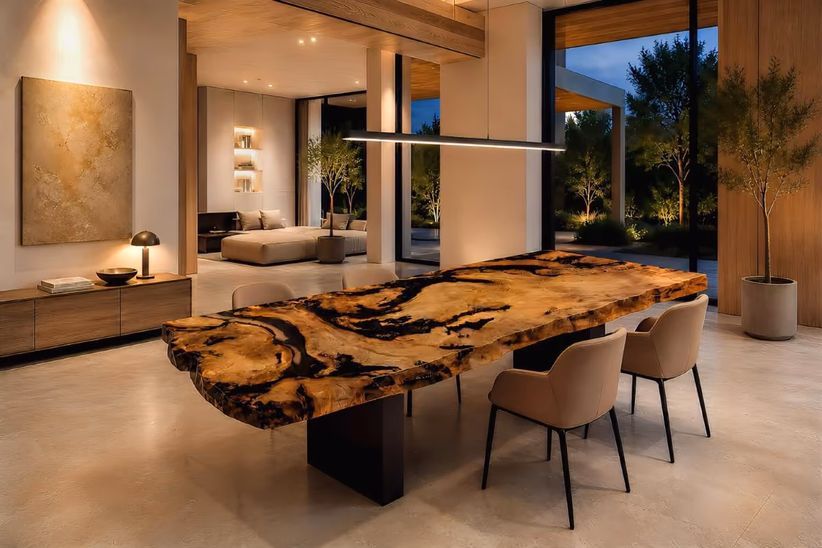 Exklusiver Esstisch aus massivem Ancient Kauri Wurzelholz als außergewöhnliches Collectible Design Möbel Sammlerobjekt in große Boardrooms, Kanzleien oder architektonische Räume von Beaupoil