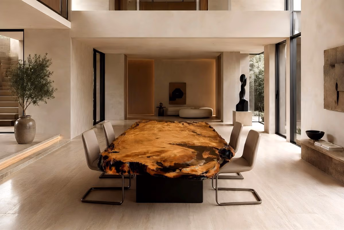 Exklusiver Unikat Esstisch aus massivem Wurzelholz als außergewöhnliches Collectible Design Möbel Sammlerobjekt in große architektonische Räume von Beaupoil