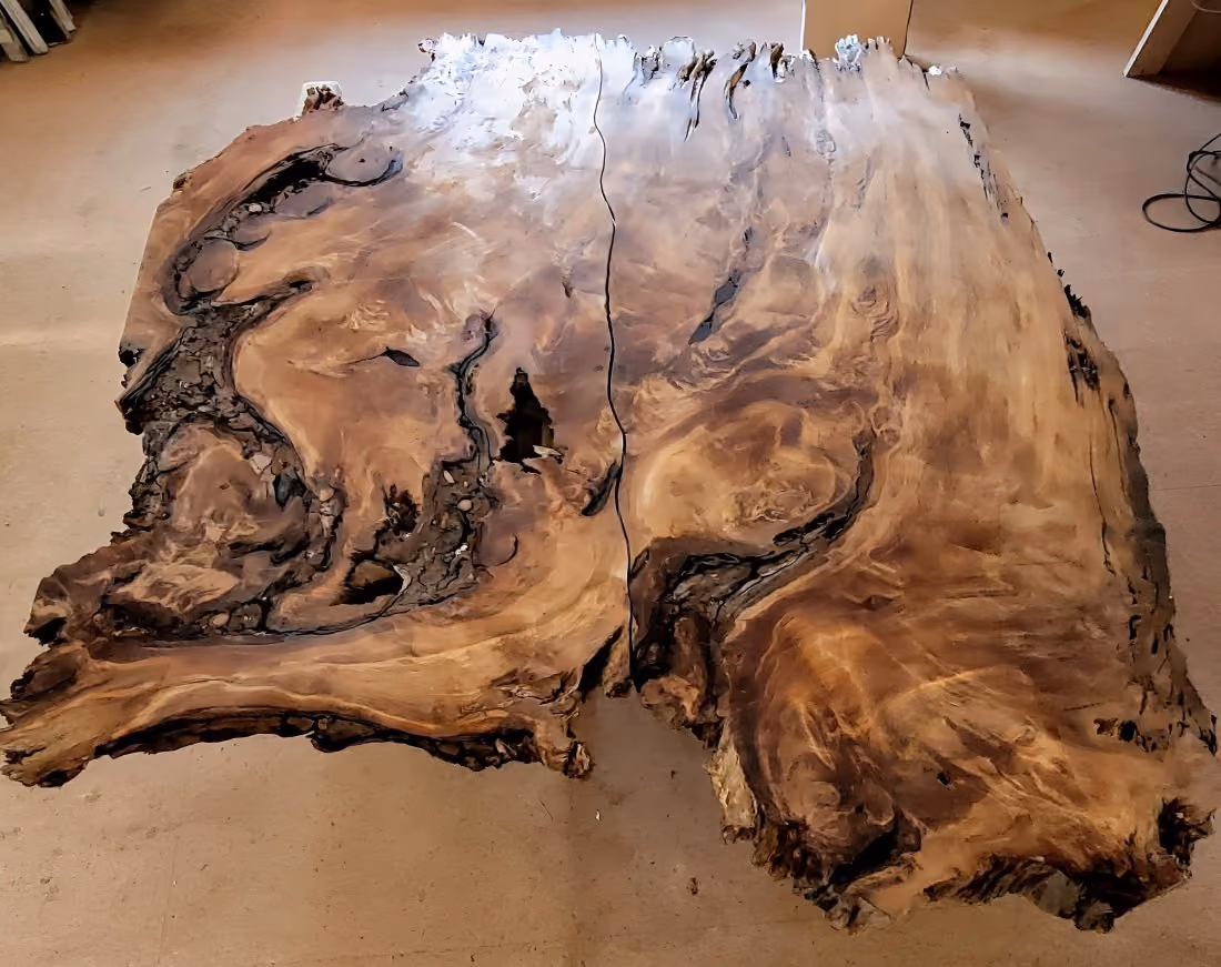 Große Tischplatte aus ein Stück massivem Ancient Kauri Wurzelholz des Collectible Design Konferenztisches im Atelier von Beaupoil geteilt in 2 Esstische