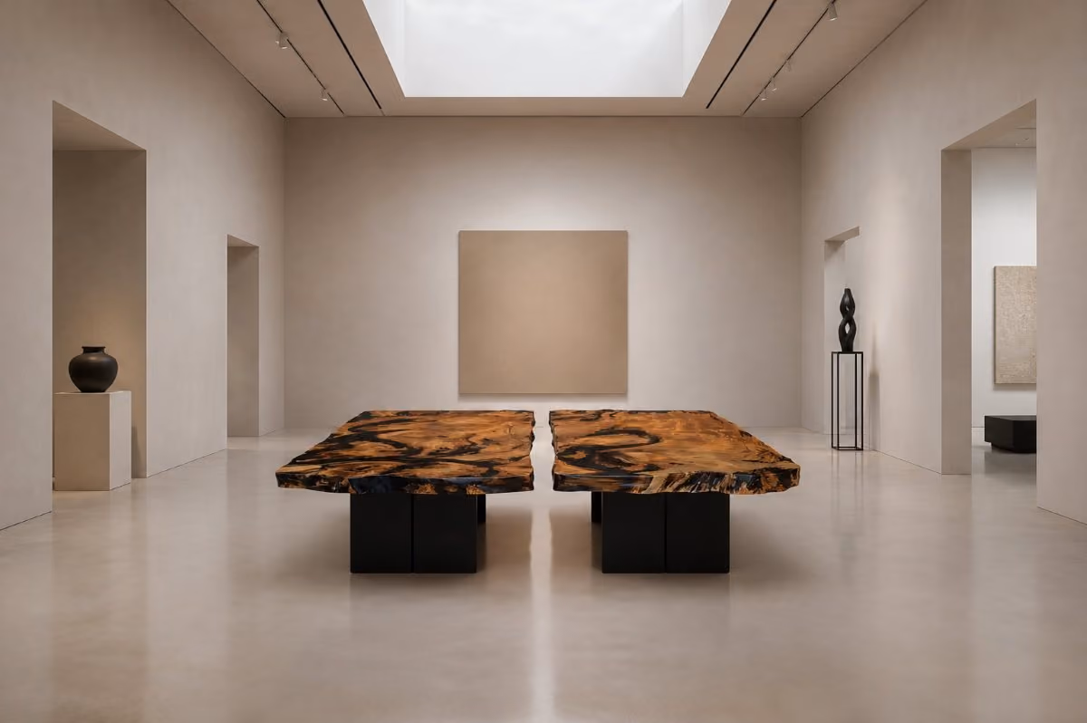Einzigartiges Collectible Design Objekt und besondere Sammlerstücke mit massivem Bernstein als Konferenztisch oder 2 Esstische im Gallery Interior