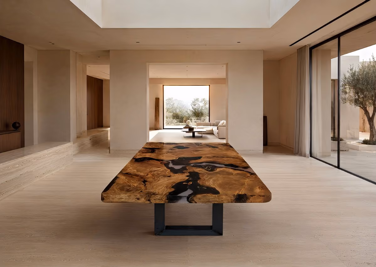 Exklusiver Esstisch aus Kauri Holz zwischen Werk, außergewöhnlichem Collectible Design für skulpturalen Wohnarchitekturen, Galerie Interiors oder privaten Sammlungen