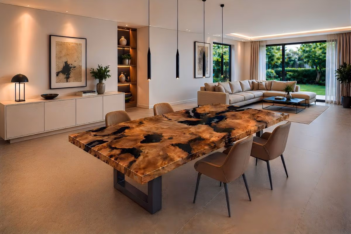 Exklusiver Esstisch und funktionales Einzelstück aus Holz mit Bernstein und Rinde in Schweiz als Collectible Design Möbel und individuelle One-of-a-Kind Tische von Beaupoil