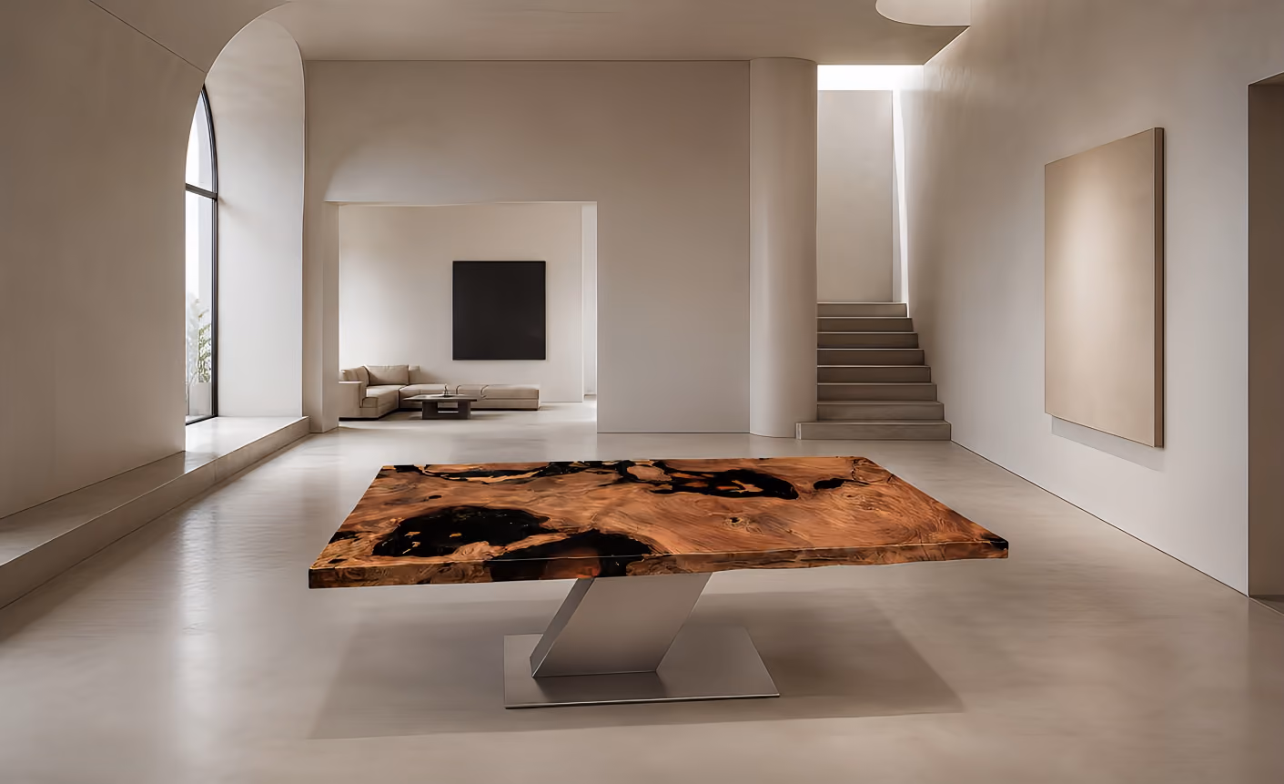 Table de salle à manger sculpturale en bois de racine de kauri ancien, présentant des inclusions naturelles d'ambre, objet de design de collection destiné à un intérieur aux allures de galerie
