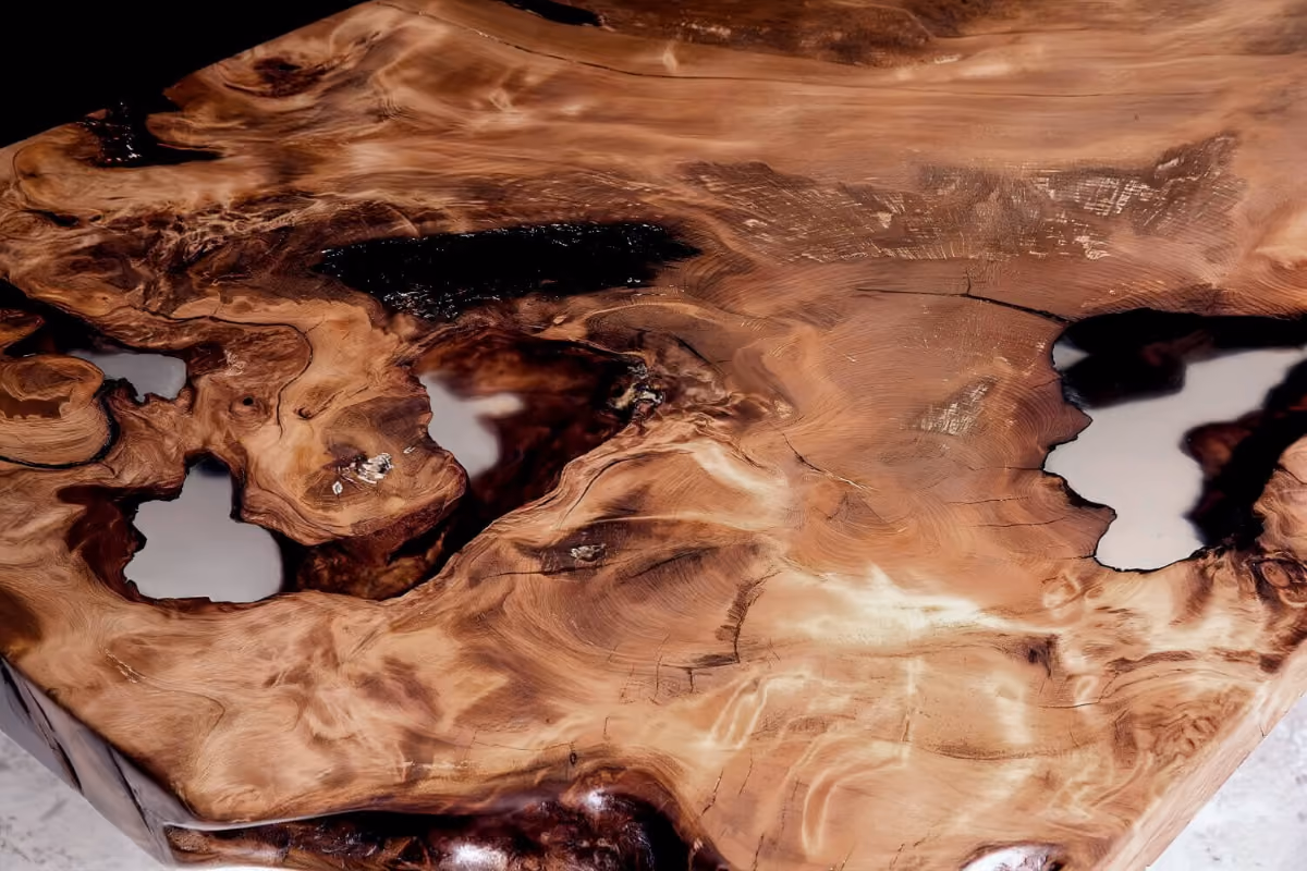 Subfossil root plate carved from a single piece of rare solid kauri wood, featuring amber, bark, and resin, as an art object, functional art, collectible design, and sculptural design object