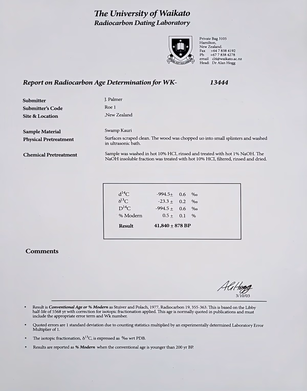 Certificate of age for radiocarbon-dated precious wood from New Zealand, with documented provenance, for a rare collectible design piece of furniture