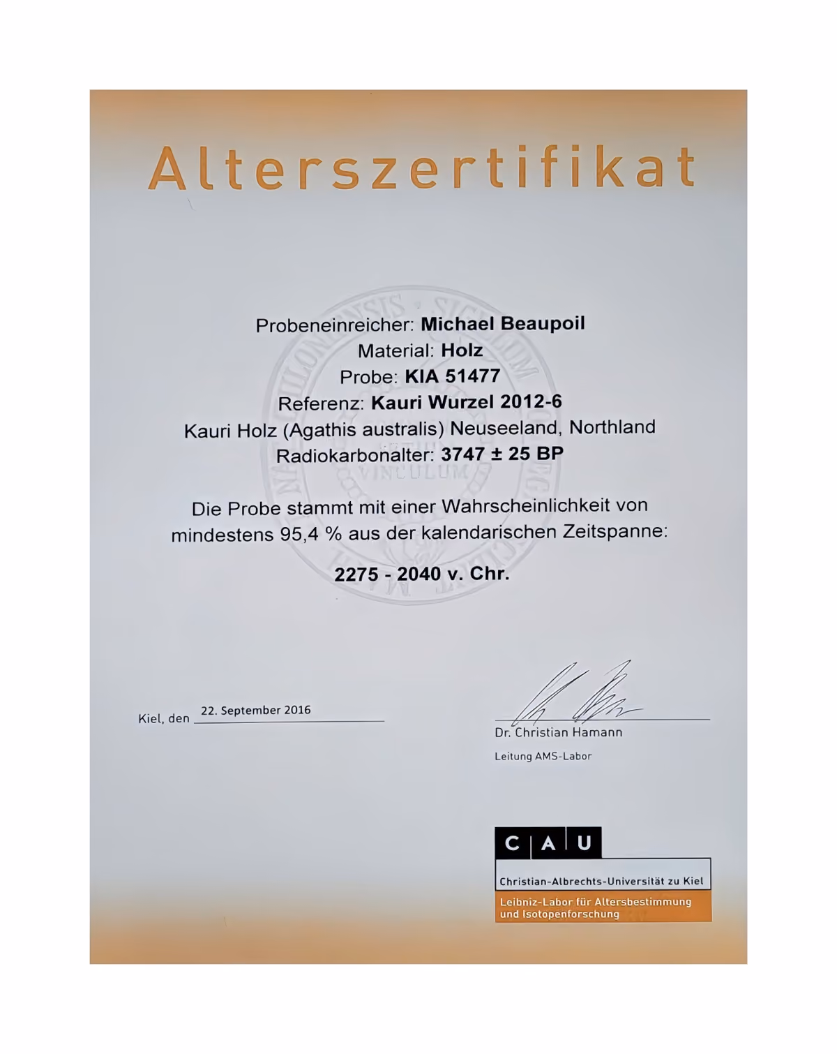 Certificat d'âge de la table de conférence « Collectible », avec provenance documentée et datation scientifique attestant de 3 700 ans d'histoire, destinée à des architectures exclusives  