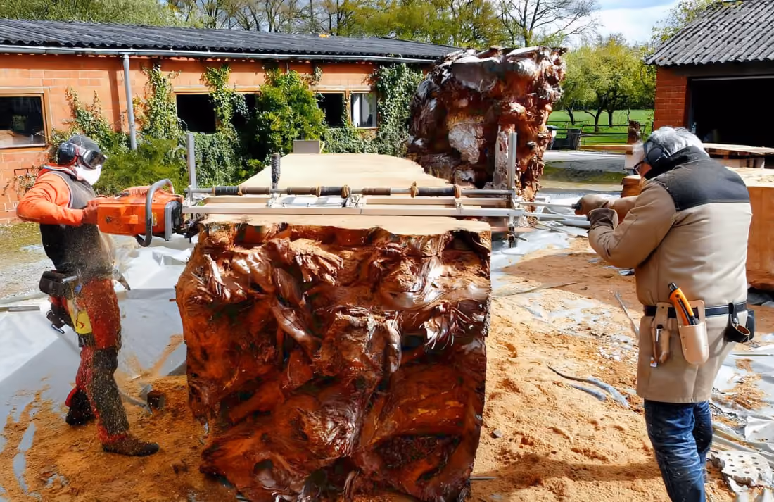 Zuschnitt von Kauri-Wurzelholz für Collectible Möbel in Werkstatt in Deutschland als Esstische, Konferenztische und Designobjekte handgefertigt in traditioneller Handwerkskunst