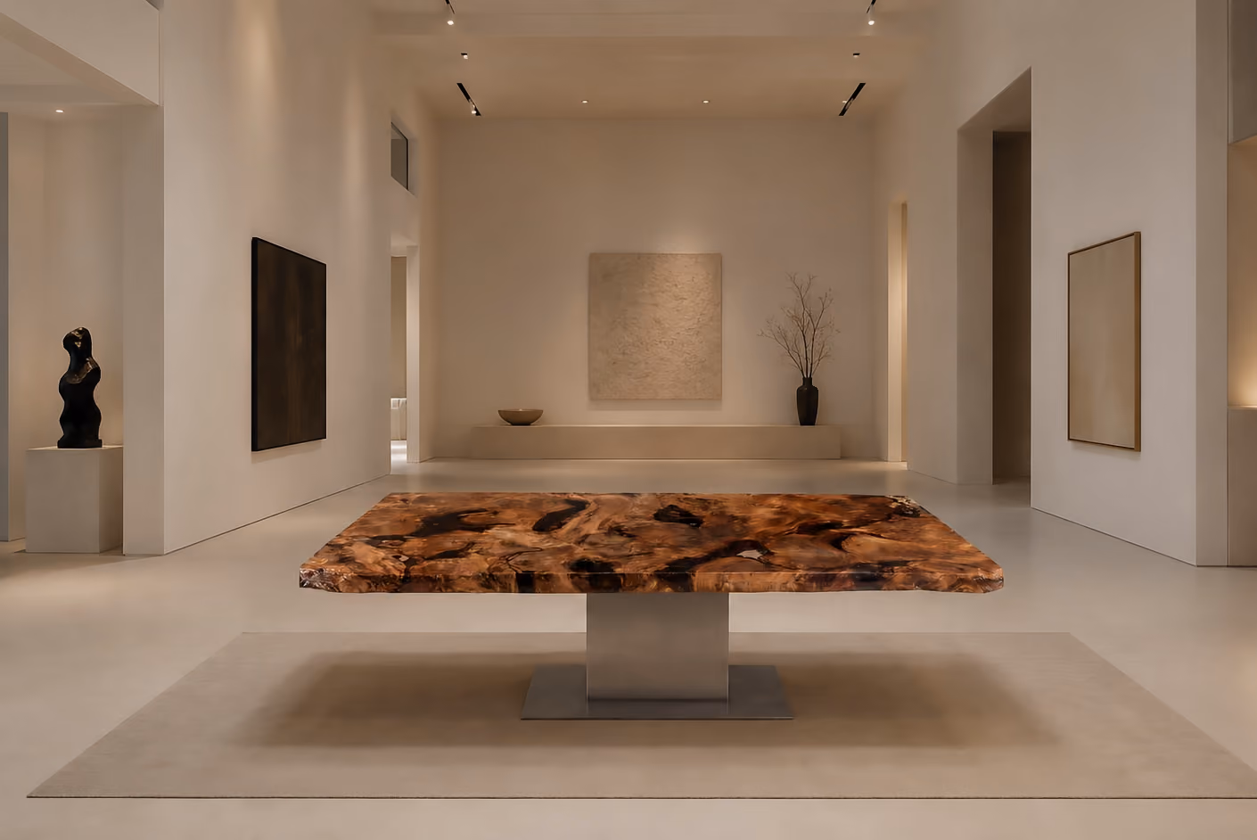 Table à manger « Unikat Collectible », objet d'art fonctionnel en kauri ancien subfossile, agrémenté d'ambre et d'un bois de racine exceptionnel
