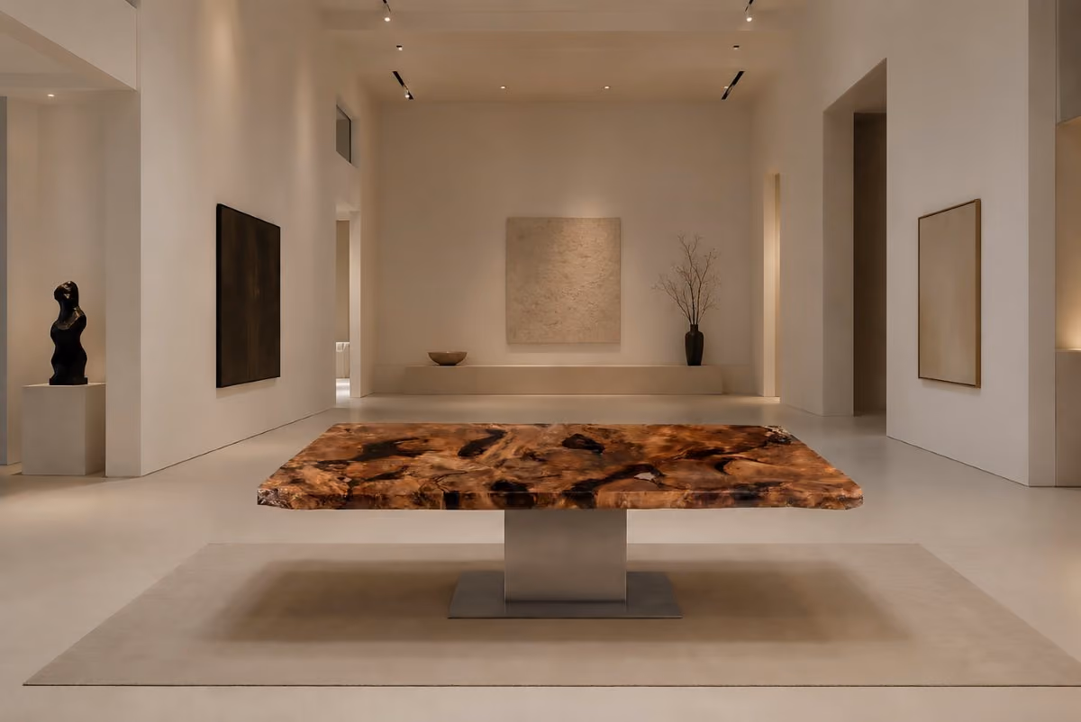 Table de salle à manger design en kauri ancien, à la fois meuble de collection exceptionnel, œuvre d'art et pièce unique sculpturale
