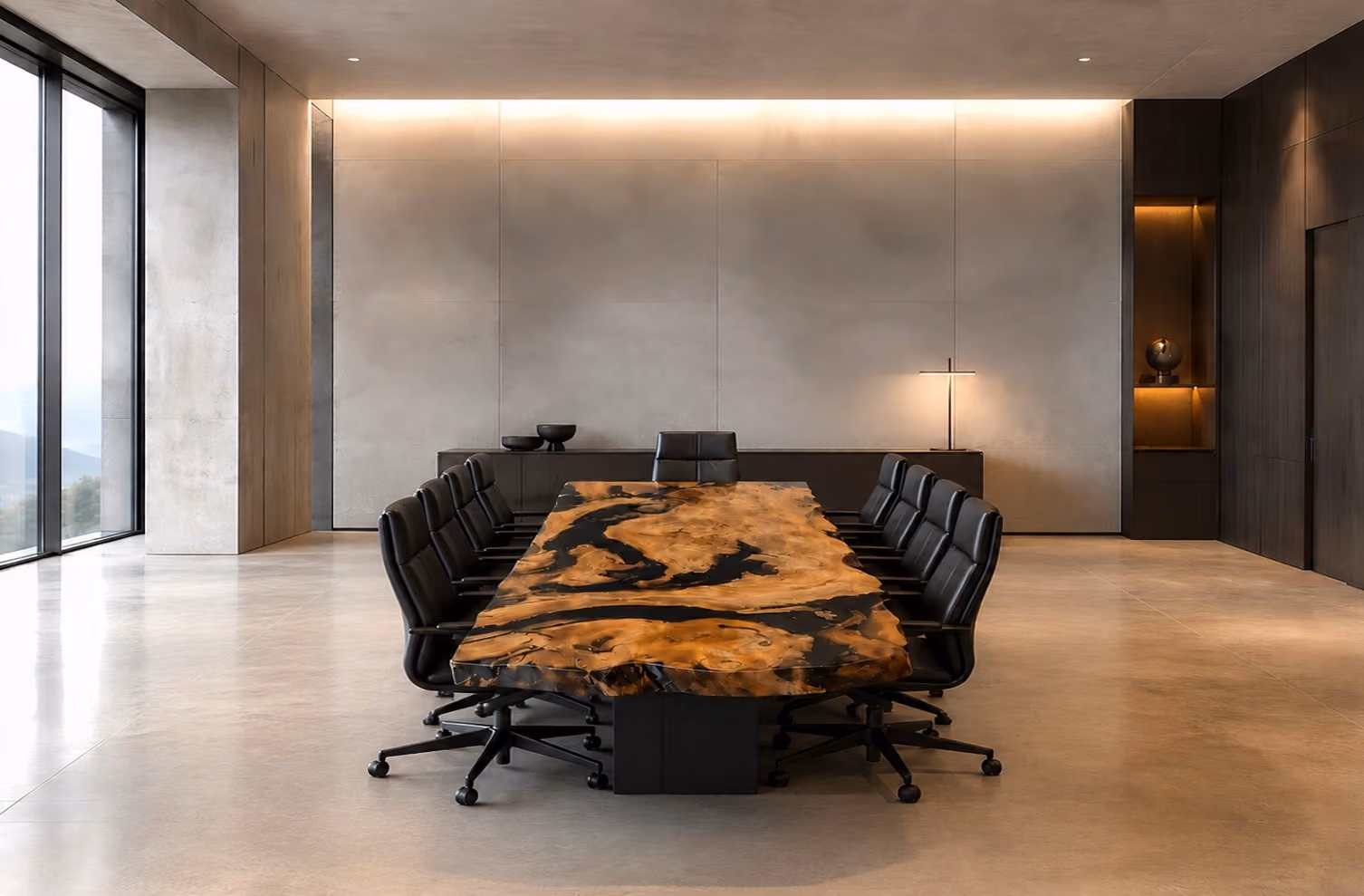 Une table à manger unique ou une table de réunion sculpturale, un meuble design de collection hors du commun destiné aux grandes salles de réunion, aux cabinets d'avocats ou aux salles de conférence au design architectural