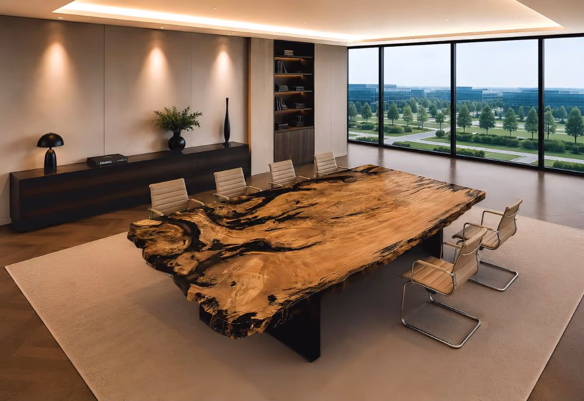 Grande table de conférence en bois massif de kauri, pièce unique certifiée, objet de collection à part entière, design de collection, artisanat contemporain et art fonctionnel