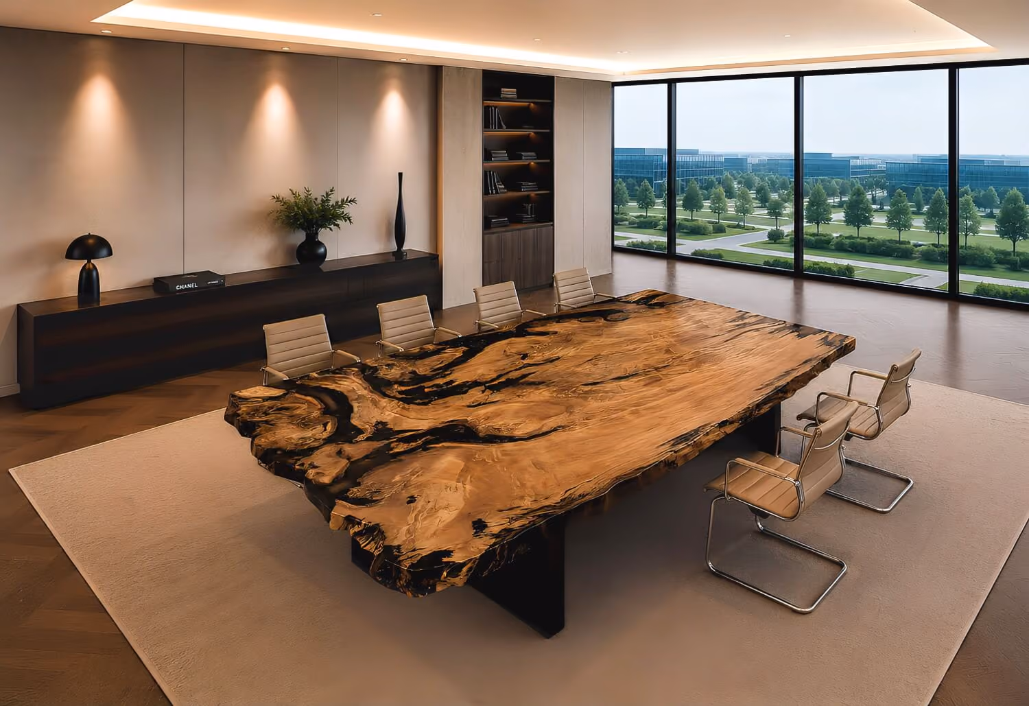 Table de conférence exclusive en bois de racine de kauri ancien, classée « Collectibl », alliant art fonctionnel, artisanat contemporain et mobilier unique en son genre, constituant un investissement