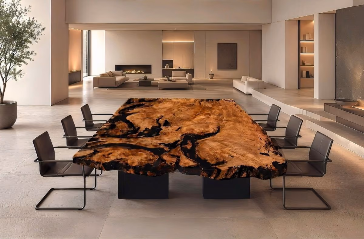 Table de salon et table à manger de collection au design unique et exceptionnel, réalisées à partir d'une grande racine massive de kauri ancien, constituant une pièce de collection monumentale dans un intérieur de galerie