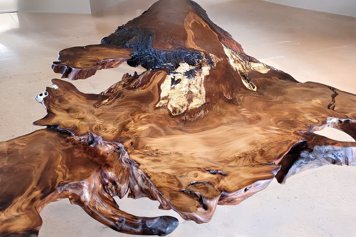 Golden amber in the tabletop of a sculptural executive desk with natural-edge wood, serving as functional art, a collectible design piece, or a sculpture