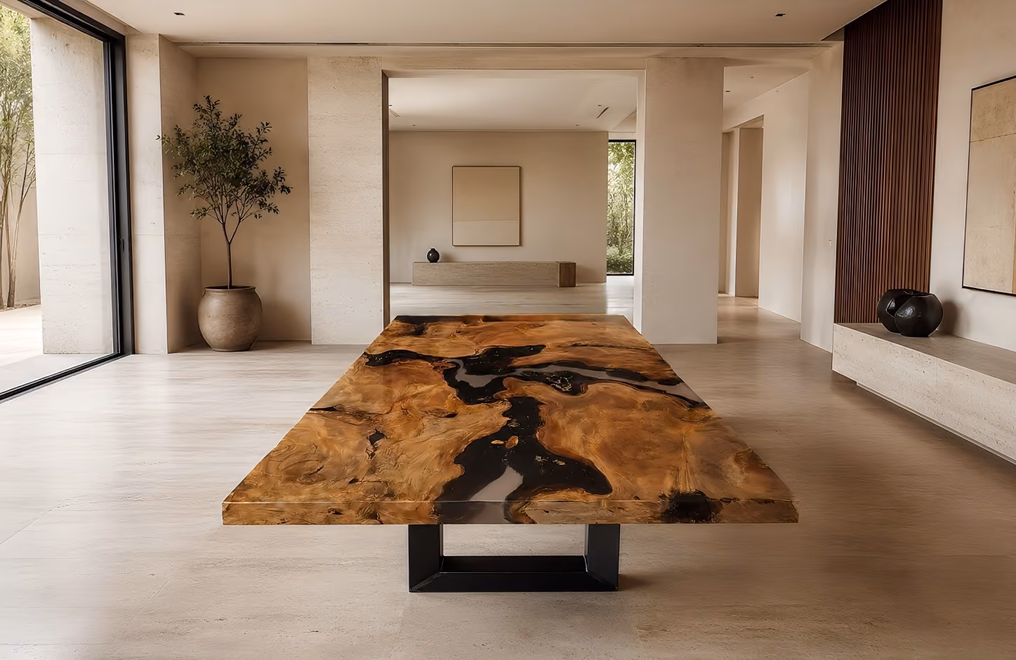 Table à manger sculpturale unique en son genre, réalisée en bois de racine massif préhistorique rare, agrémentée d'ambre et d'écorce : un meuble de design de collection unique, une pièce de collection et une œuvre d'art fonctionnelle