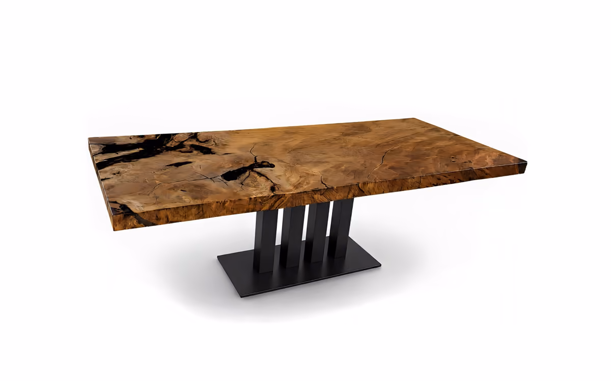 Massive Tischplatte eines skulpturalen Esstisches aus altem Ancient Kauri Wurzelholz als Unikat Collectible Design Möbel und Massivholztisch