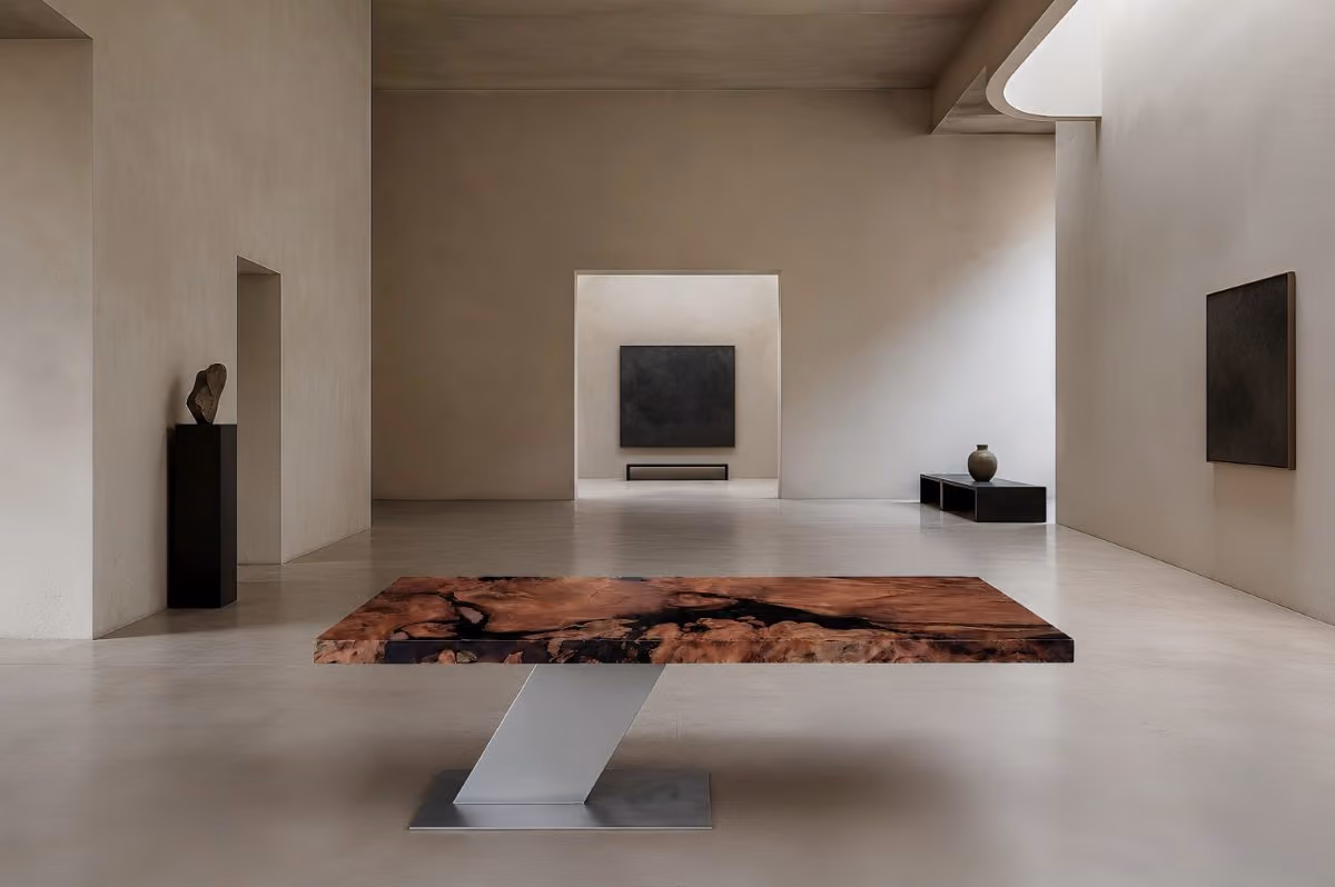 Moderner Unikat Collectible Designtisch in zeitgenössischer Architektur als skulpturaler Esstisch und repräsentatives Sammlerstück