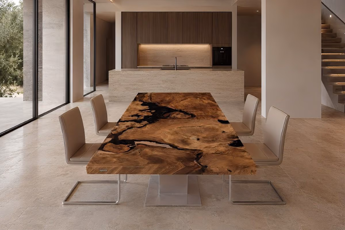 Moderner Collectible Designtisch mit filigranem Edelstahl-Tischgestell mit archaischer Tischplatte in zeitgenössischer Architektur als Esstisch