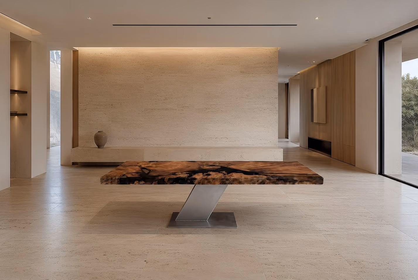 Moderner Collectible Designtisch mit dokumentierter Herkunft und Provenienz mit filigranem Edelstahl-Tischgestell mit archaischer Tischplatte in zeitgenössischer Architektur