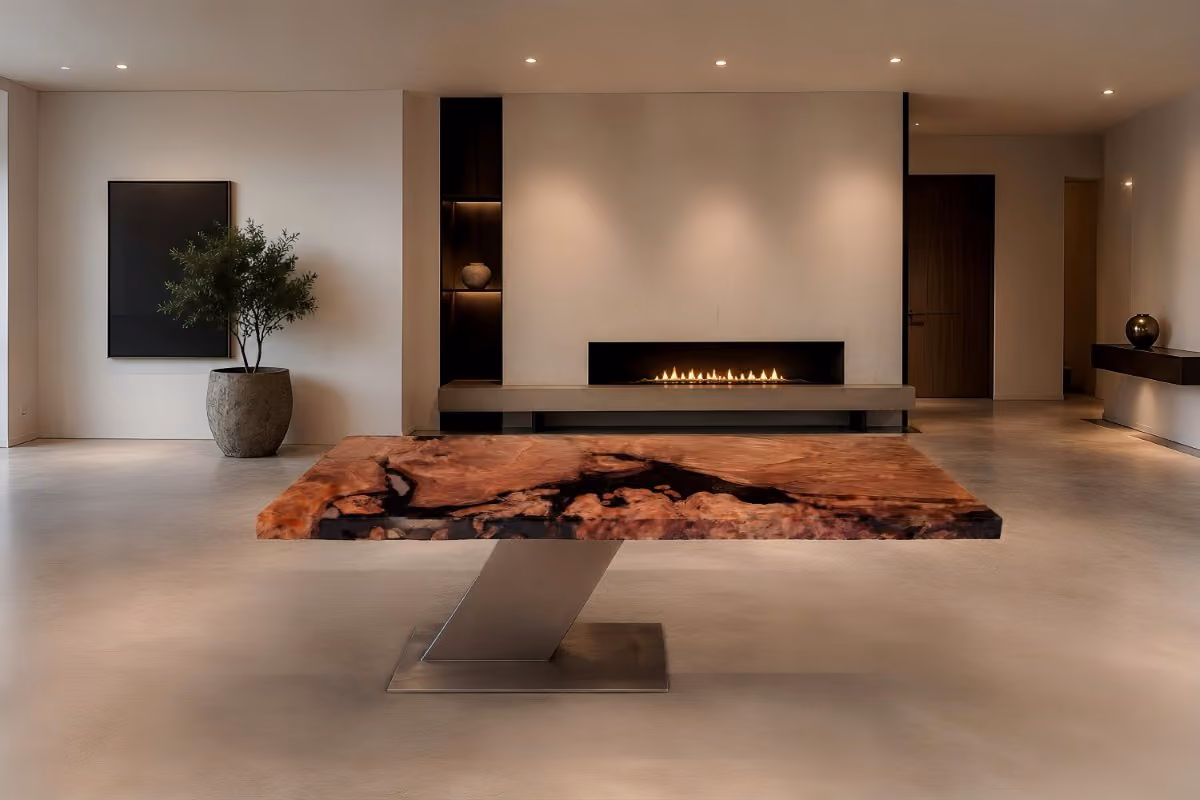 Skulpturaler Collectible Designtisch aus altem massivem Kauri mit archaischem Bernstein als Unikat Esstisch und einzigartiges Möbel