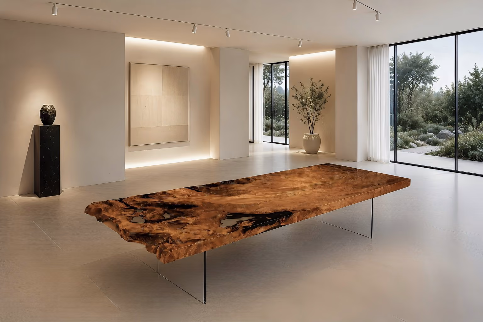 Table de créateur de collection, pièce unique et moderne, fabriquée à partir de racines et de troncs d'arbres vieux de 28 000 ans, dotée de pieds en verre filigranes