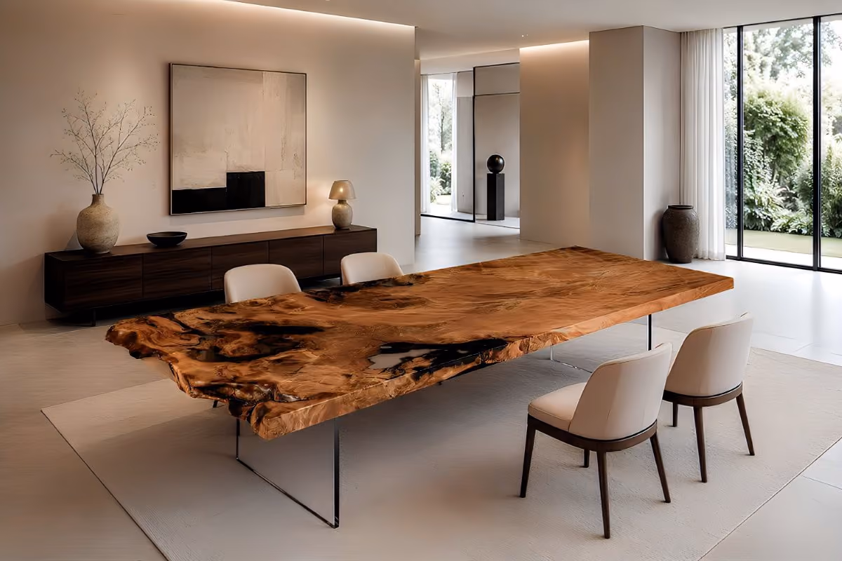 Table à manger sculpturale, objet de design collectionnable aux lignes organiques et aux dimensions généreuses, destinée aux intérieurs raffinés, aux galeries exclusives et aux espaces salon-salle à manger haut de gamme
