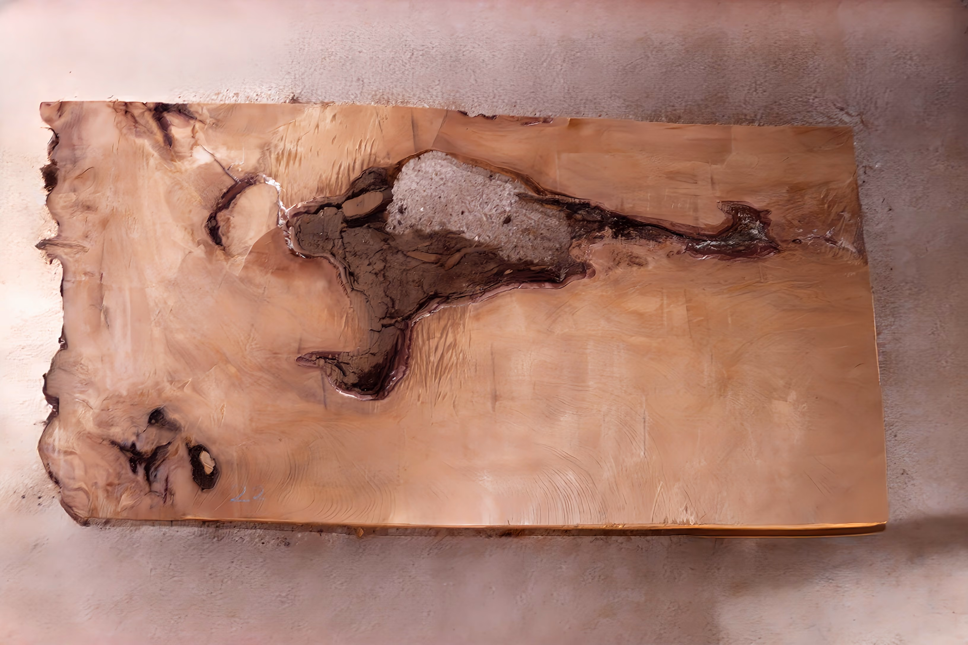 Unbearbeitete große Tischplatte eines Collectible Designtisches aus Jahrtausende altem Ancient Kauri mit natürlich eingewachsenem Bernstein und Rinde als Esstisch