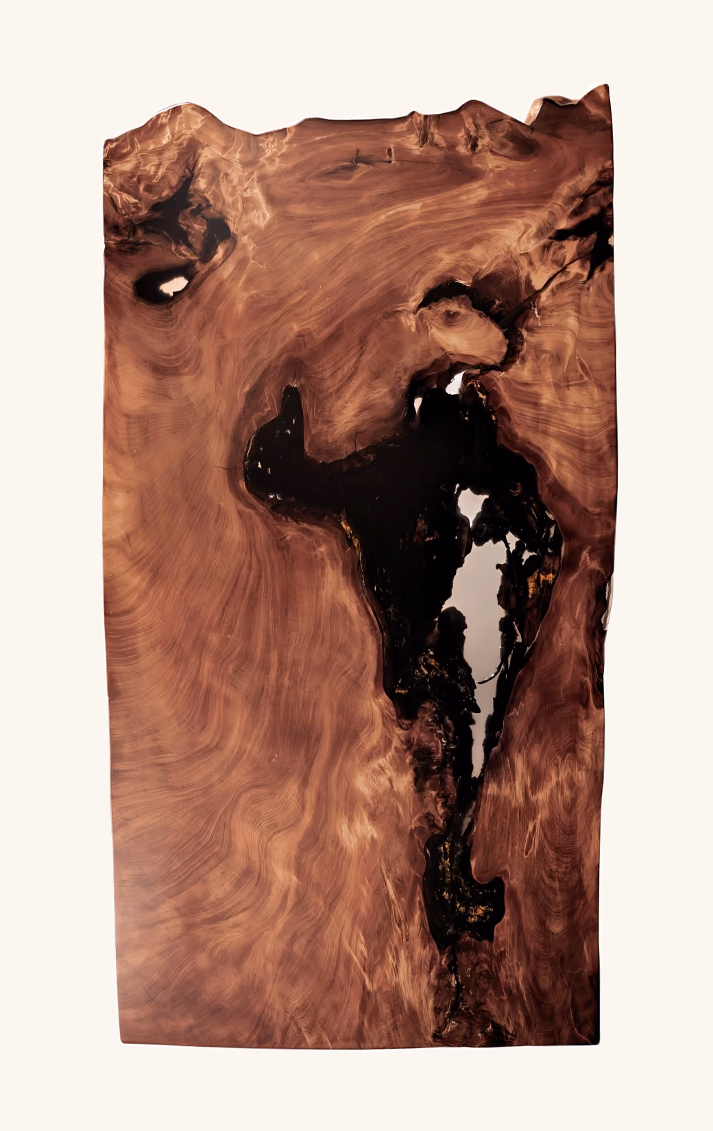 Tischplatte eines Designtisch und charakteristisches Unikat Möbels mit Bernstein und Rinde in Epoxidharz als skulpturaler Collectible Design Tisch