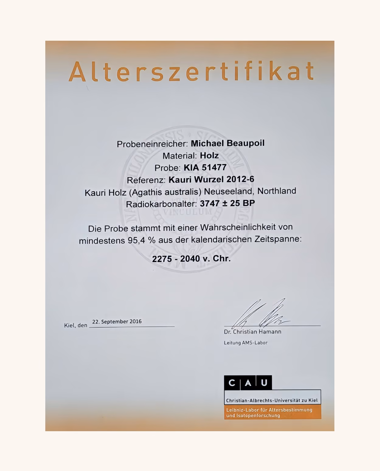 Alterszertifikat & Provenienz vom 3700 Jahre altem Kauri Holz eines exklusiven Collectible Design Esstisches mit dokumentierter Herkunft