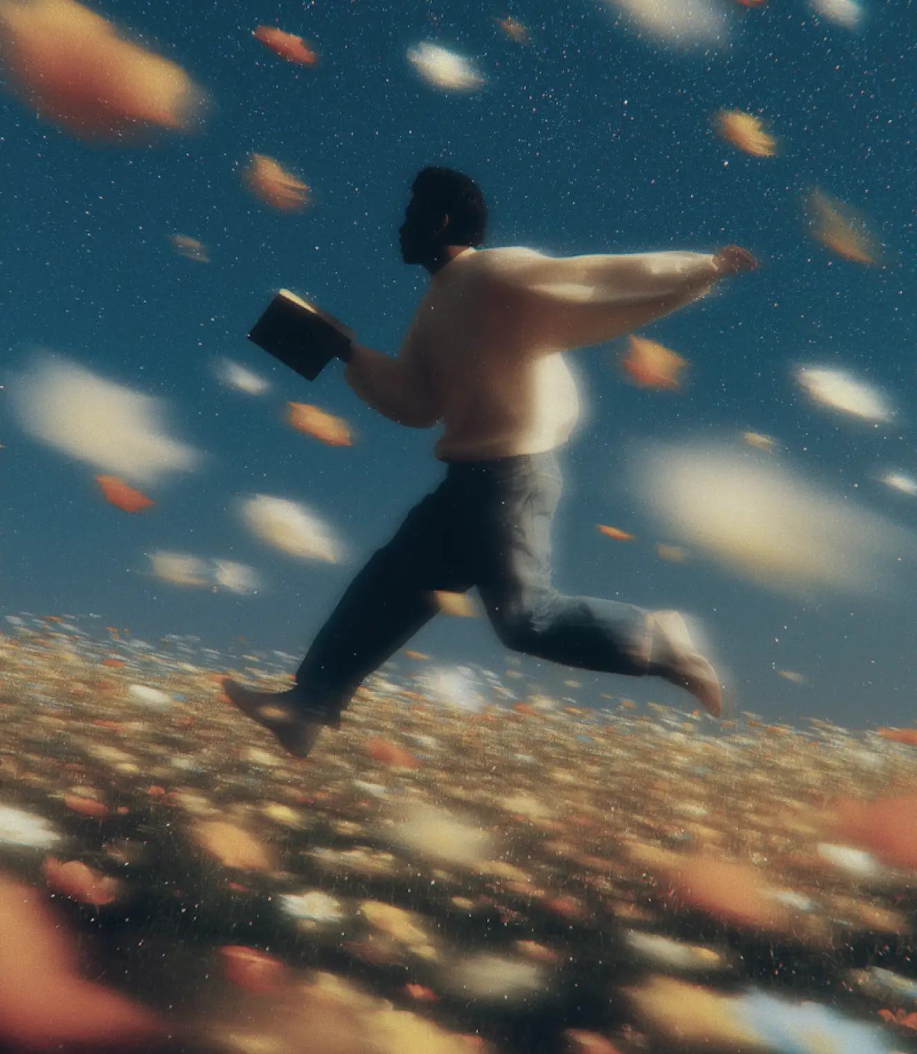 Man in sweater and pants running or jumping with an open book among floating autumn leaves outdoors.